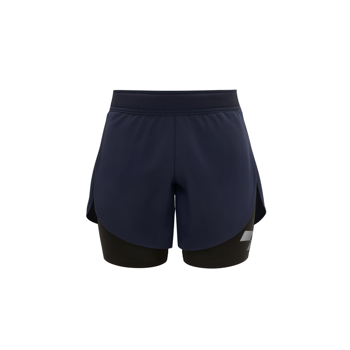 Navy blue athletic shorts with a white logo on a white background (Blue)