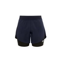 Navy blue athletic shorts with a white logo on a white background (Blue)