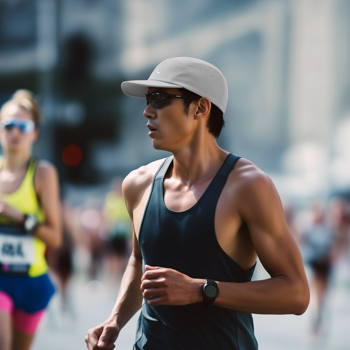 Man running in a marathon with a blurred cityscape background