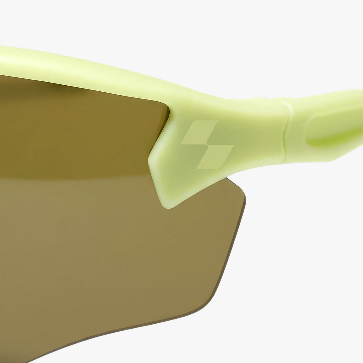 Close-up of a yellow-framed sunglasses with a reflective lens on a white background