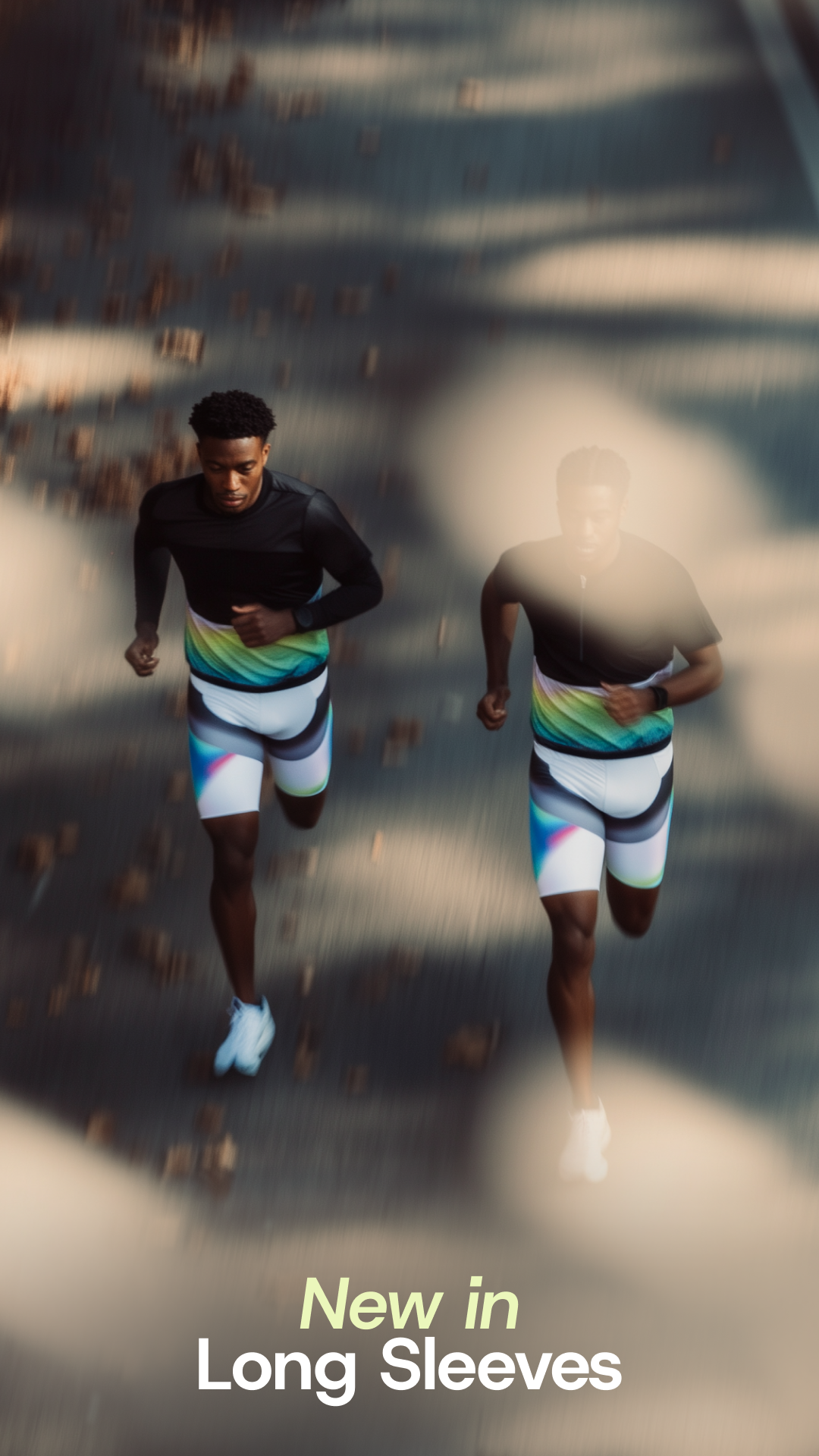 Two runners on a road with text 'New in Long Sleeves' at the bottom.