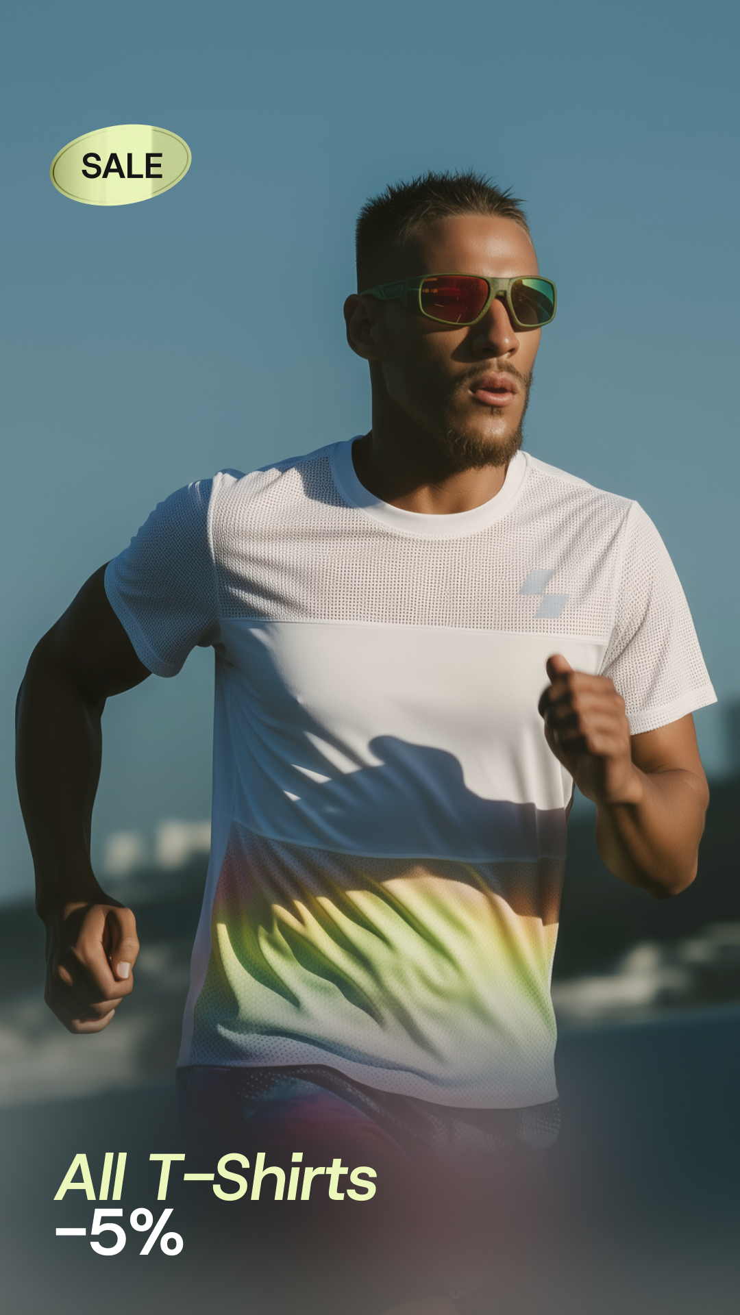 Man running outdoors wearing a white t-shirt with a colorful design, sunglasses, and a sale label.