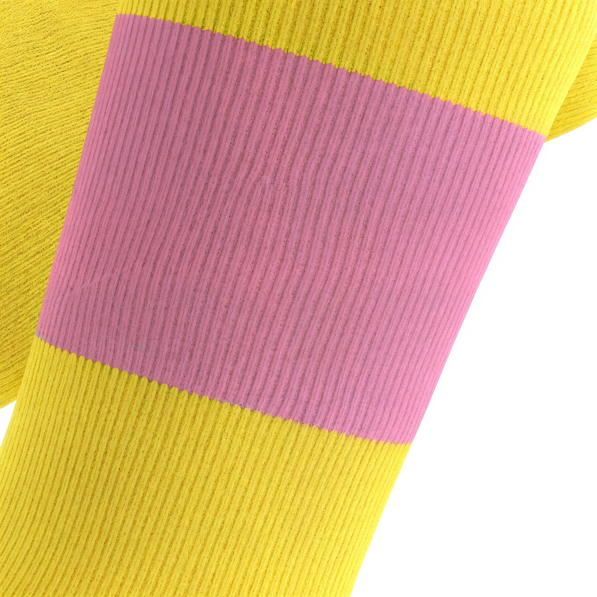 Close-up of a yellow sock with a pink band on a white background (Pink)