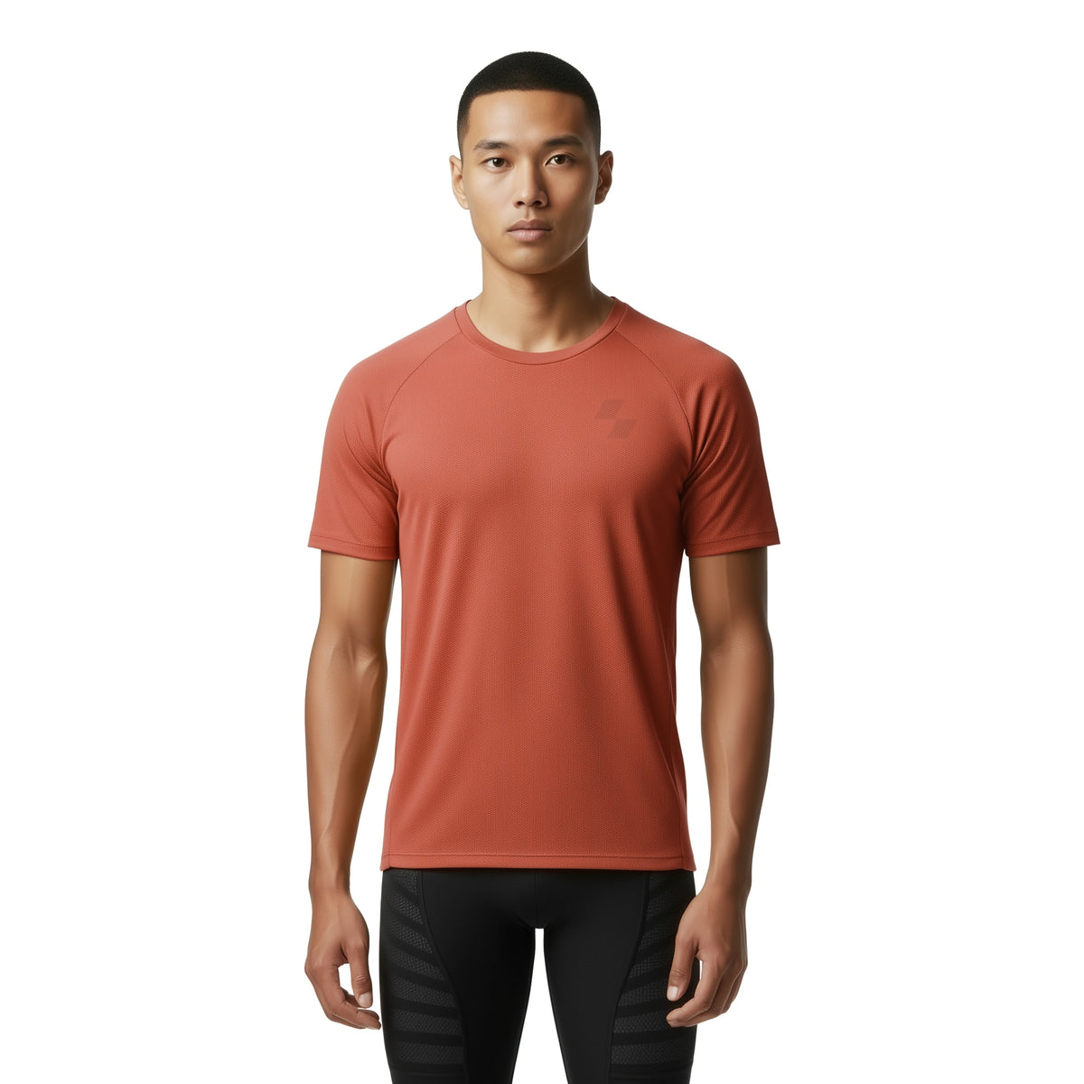 Man wearing a red athletic shirt on a white background (Orange)