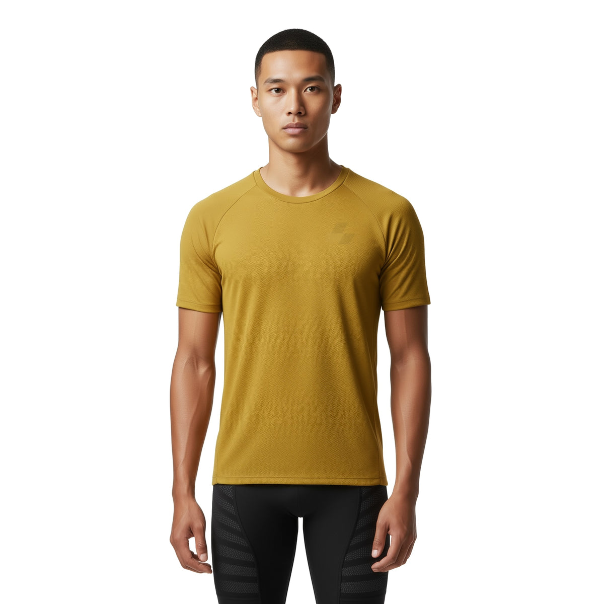 Man wearing a mustard yellow athletic shirt on a white background (Yellow)