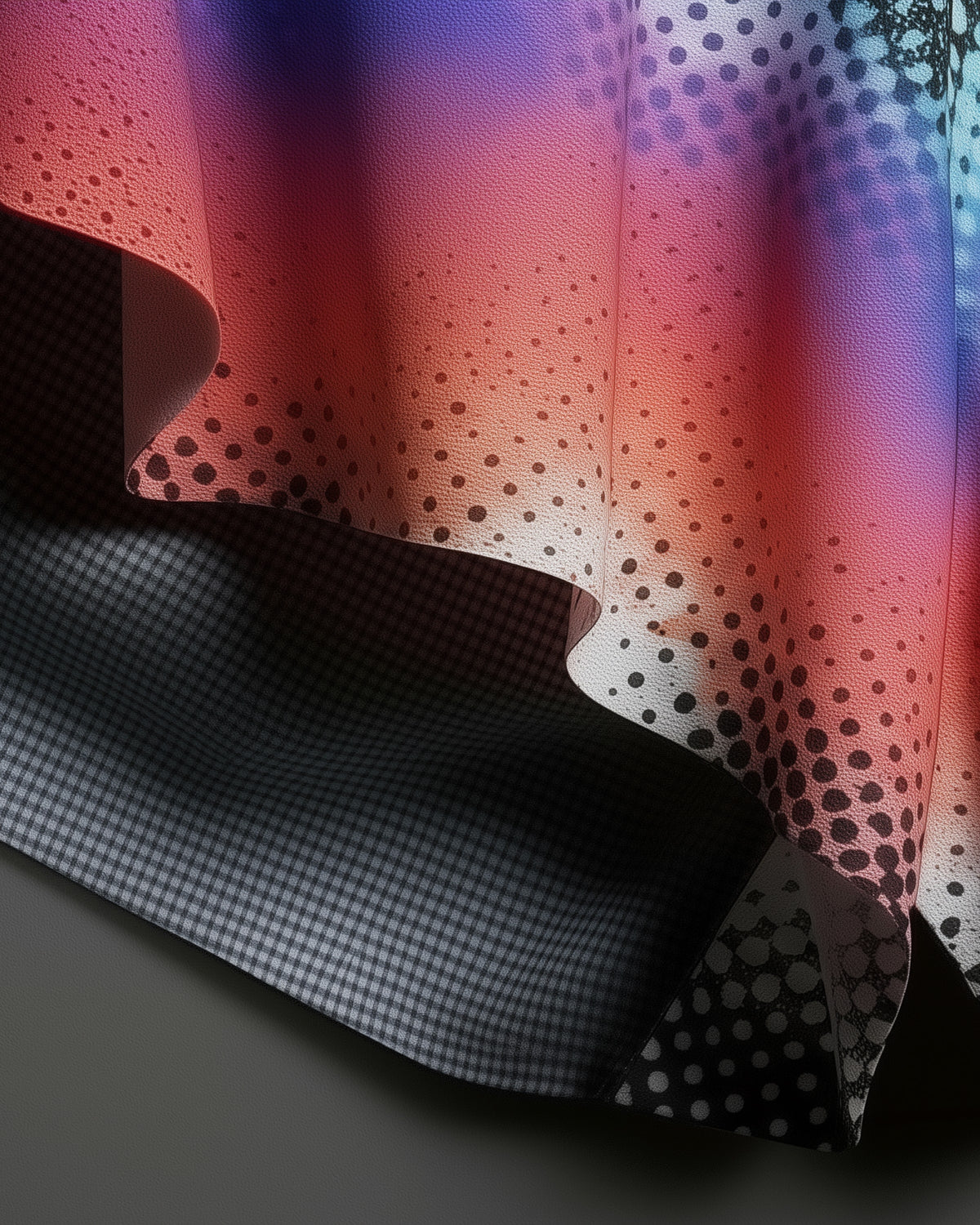 Close-up of a fabric with polka dot pattern transitioning from red to blue on a dark background.