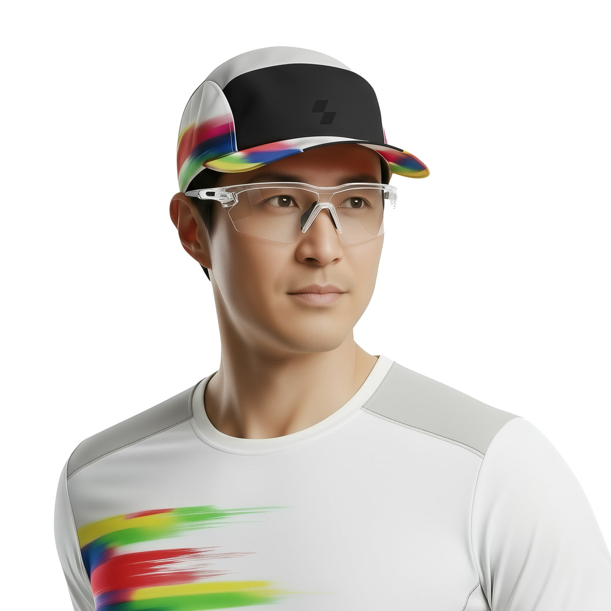 Person wearing a colorful cap and glasses with a white shirt featuring rainbow designs. (Black)