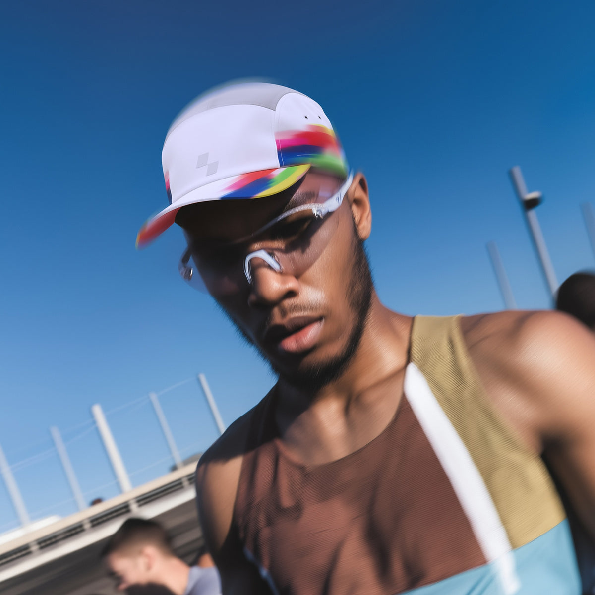 Man wearing a colorful cap and sunglasses with a clear blue sky in the background (White)