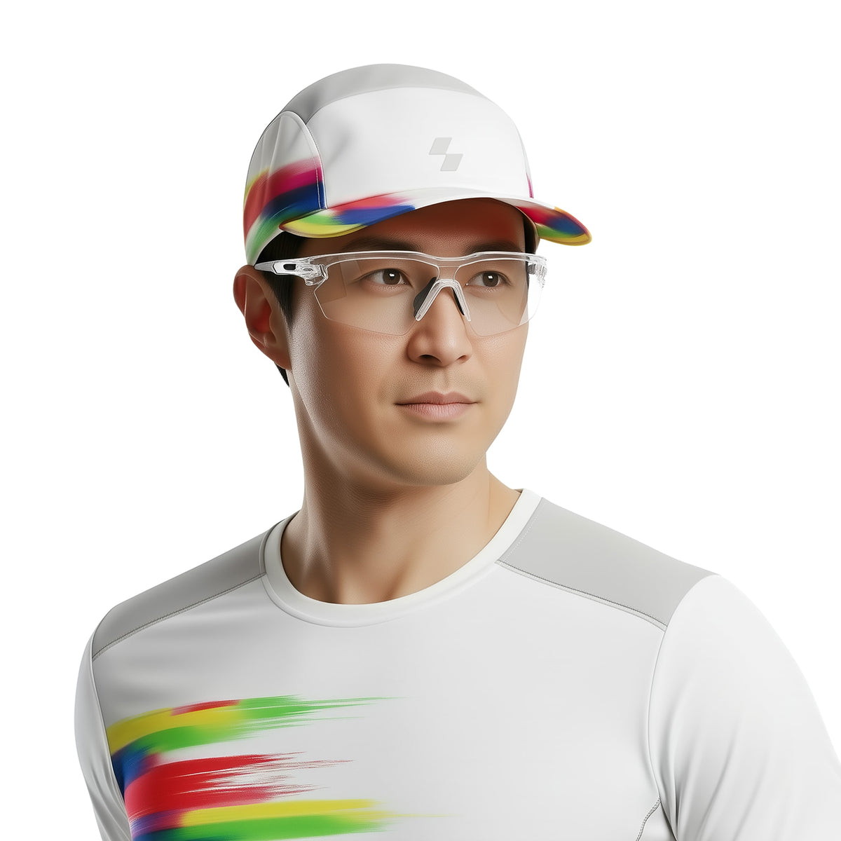 Person wearing a colorful cap and glasses with a white shirt featuring rainbow designs. (White)