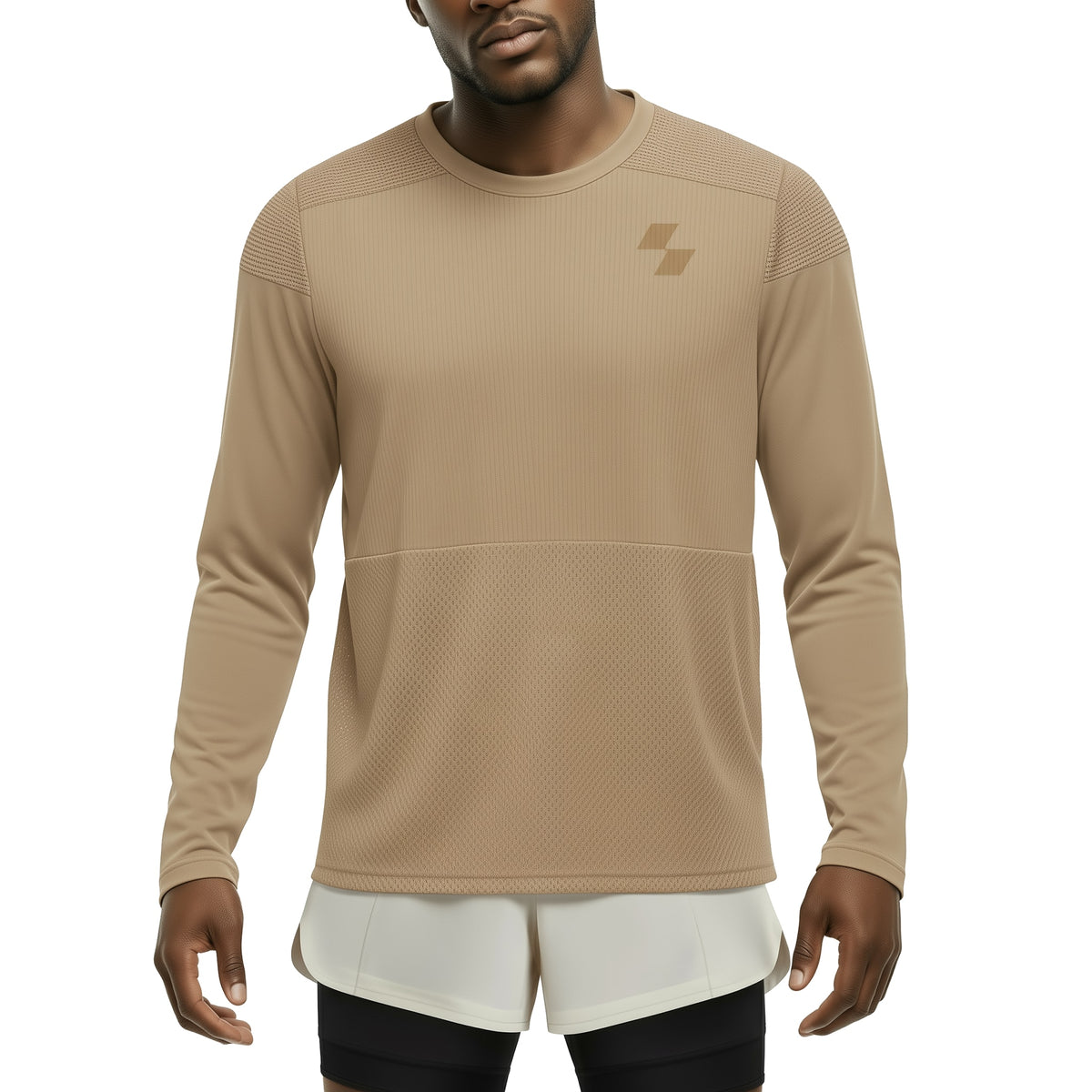 Man wearing a beige long-sleeve athletic shirt with a logo on a white background (Beige)