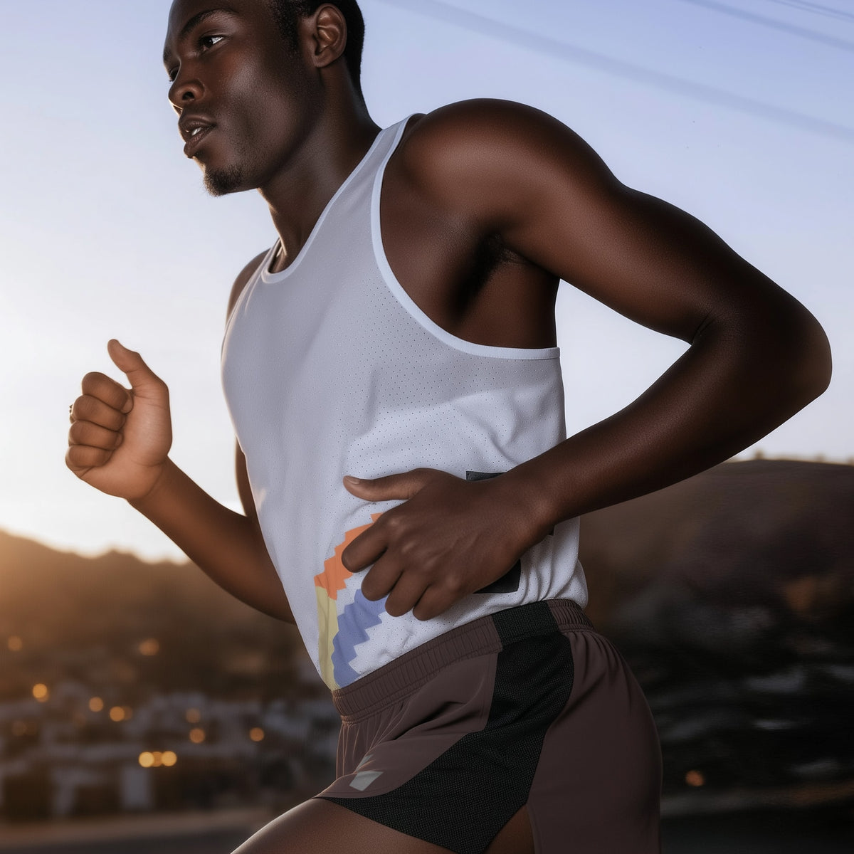 Athlete running with a cityscape in the background during sunset (Brown)