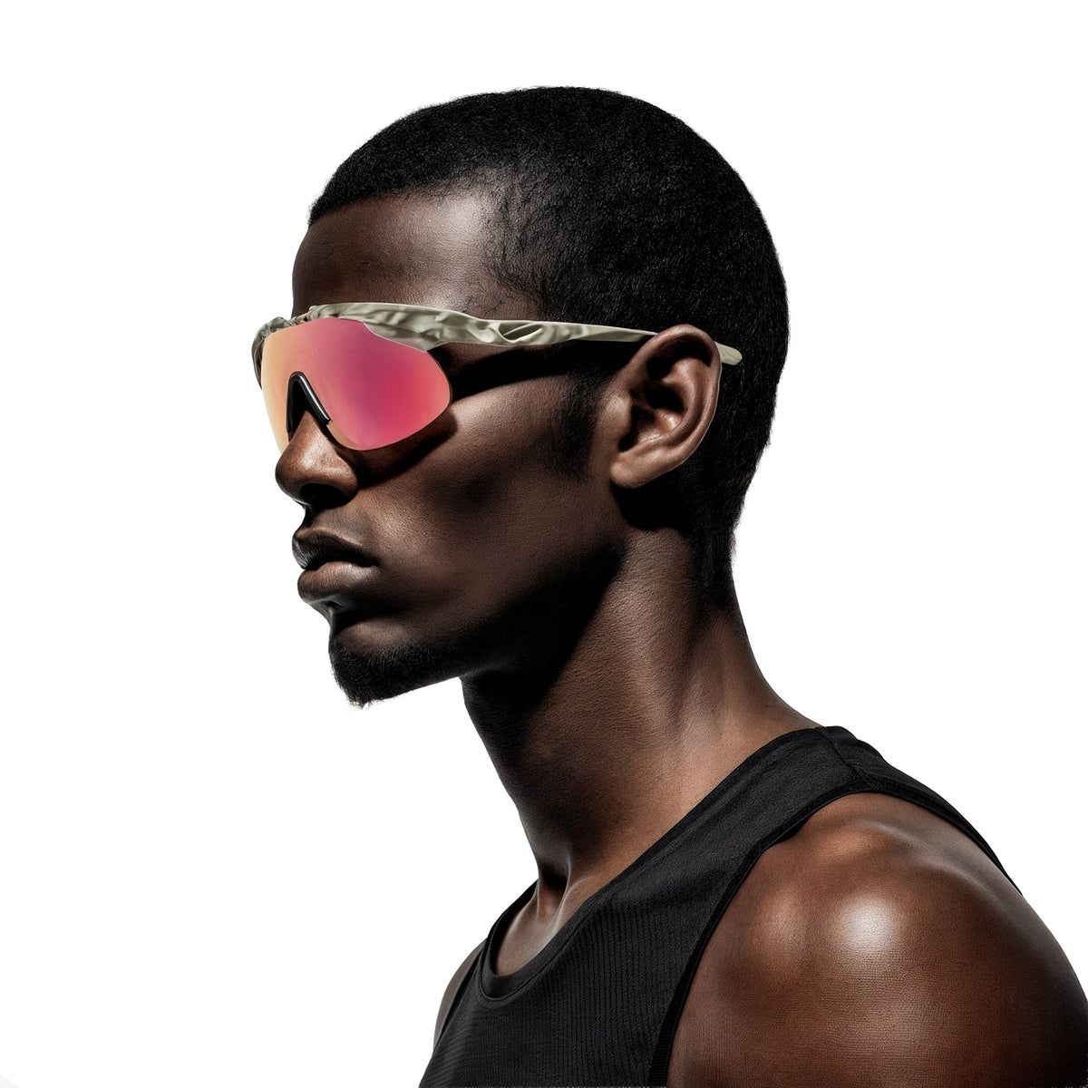 Man wearing reflective sunglasses with a camouflage frame on a white background (Pink)