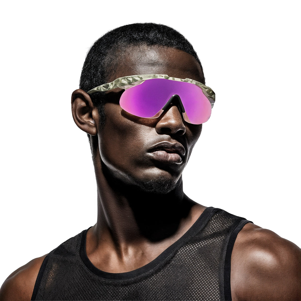 Man wearing a black tank top and sunglasses with pink lenses on a white background  (Violet)