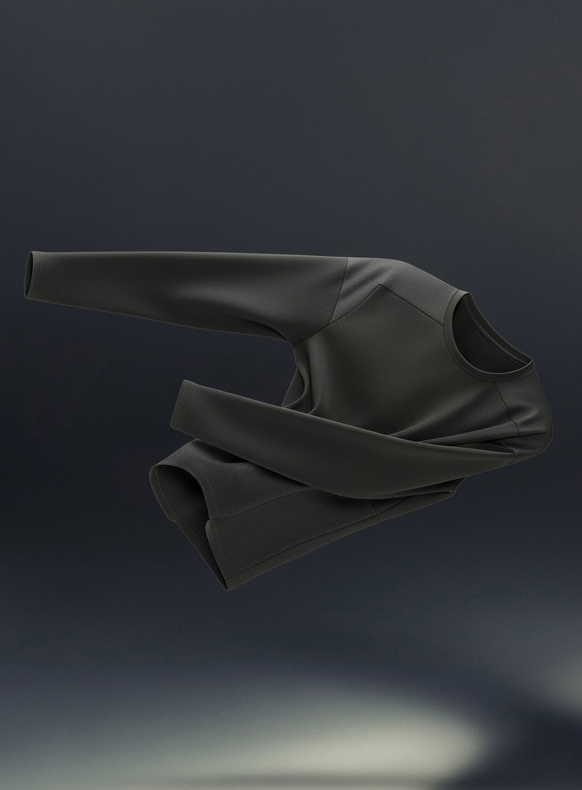 Minimalist black long-sleeve top on dark background