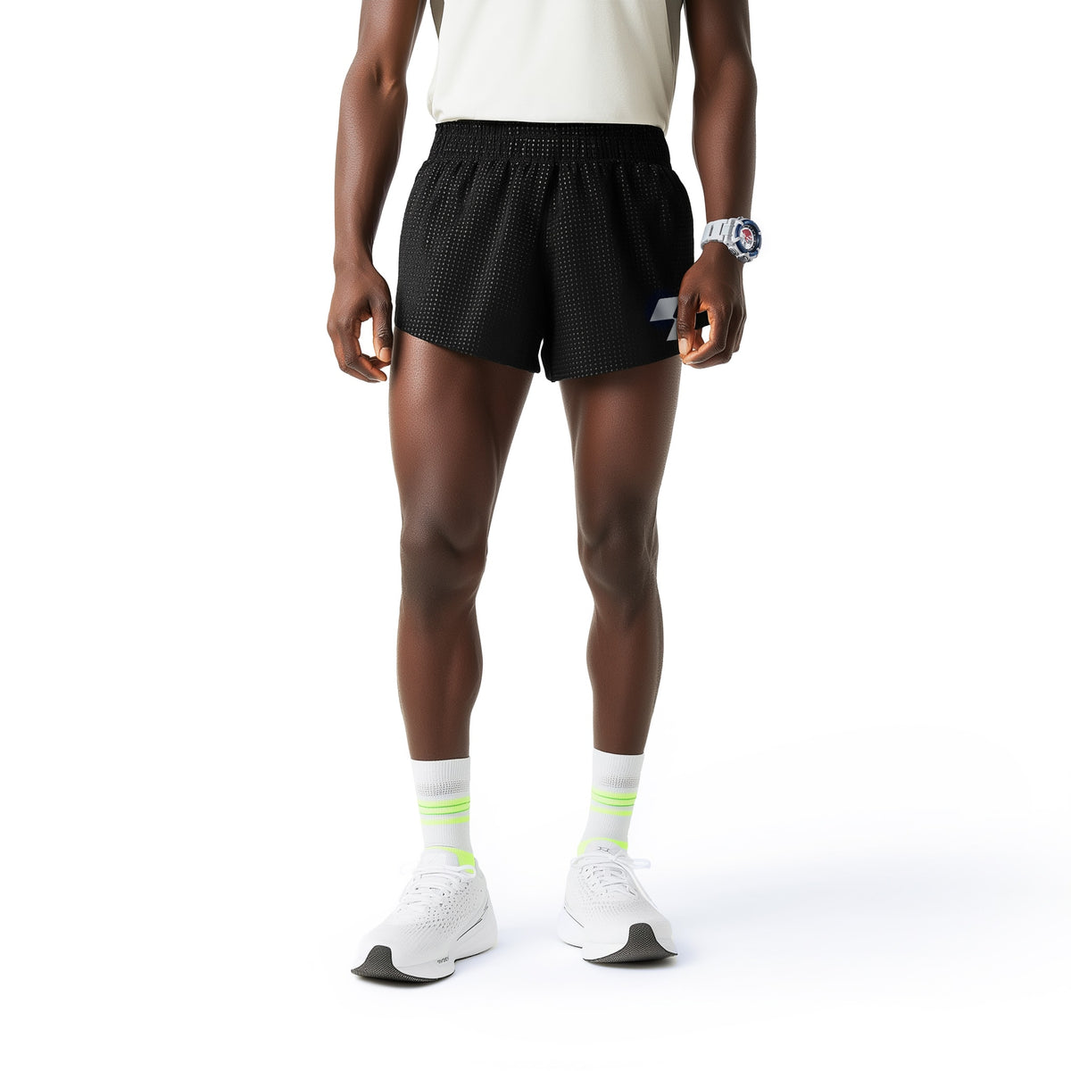Person wearing black checkered shorts on a white background (Black)