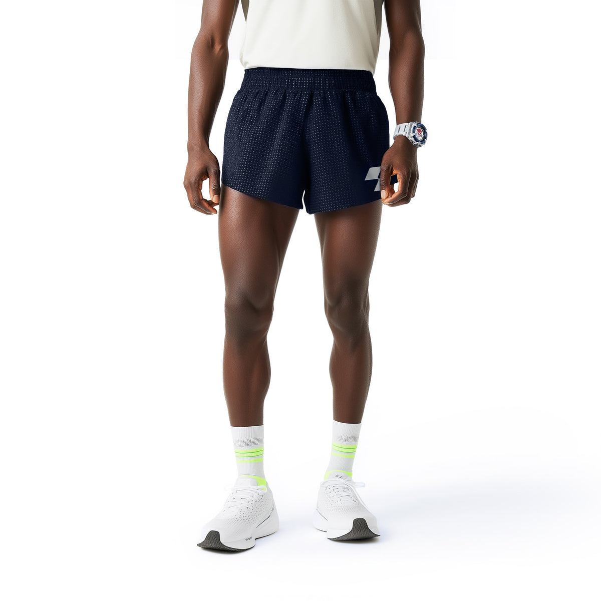 Person wearing navy checkered shorts on a white background (Blue)
