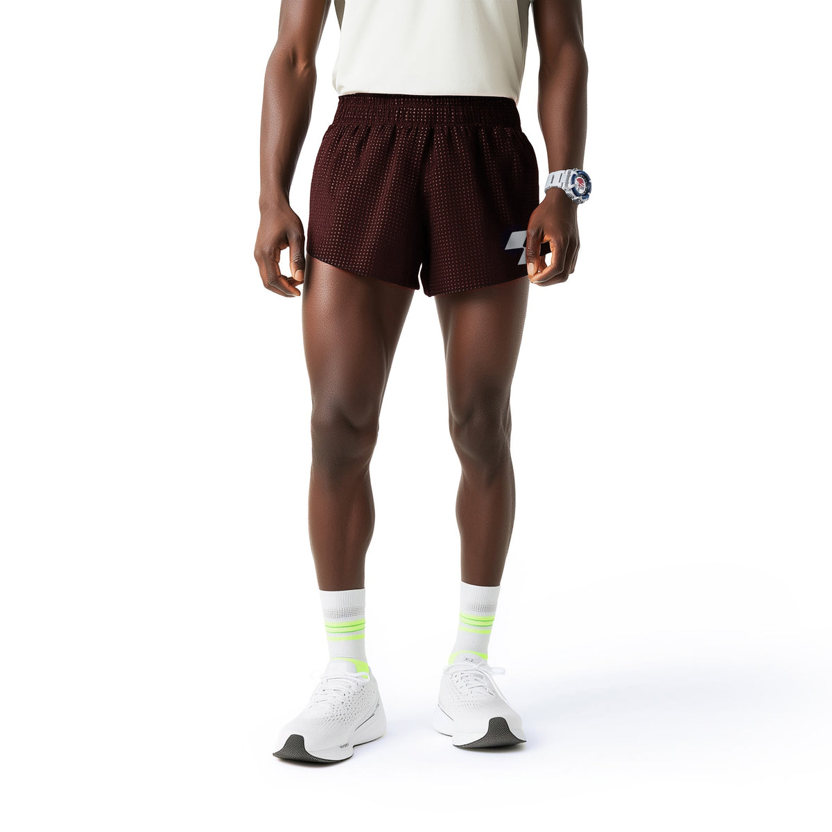 Person wearing brown checkered shorts on a white background (Red)