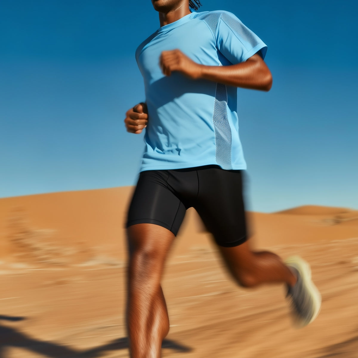 Person running in a desert landscape wearing a blue shirt and black shorts (Black)