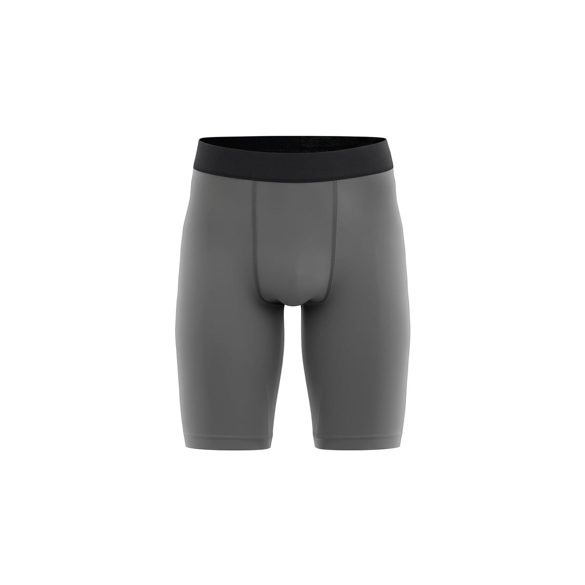 Gray athletic shorts with black waistband on a white background (Gray)