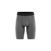 Gray athletic shorts with black waistband on a white background (Gray)