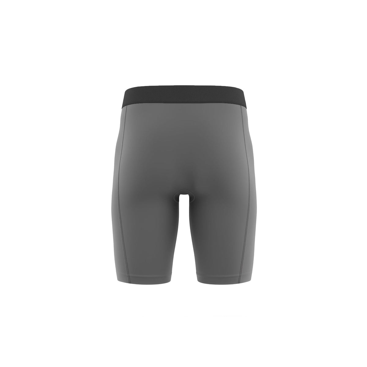Gray athletic shorts with black waistband on a white background (Gray)