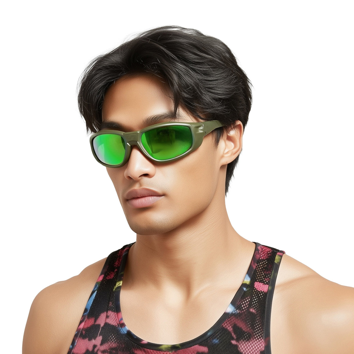Man wearing green sunglasses with a colorful tank top on a white background (Green)