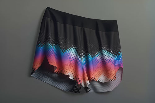 A pair of athletic shorts displayed against a neutral background, featuring a black waistband and a gradient pattern that transitions from blue to purple to orange with a dotted halftone design along the lower half.