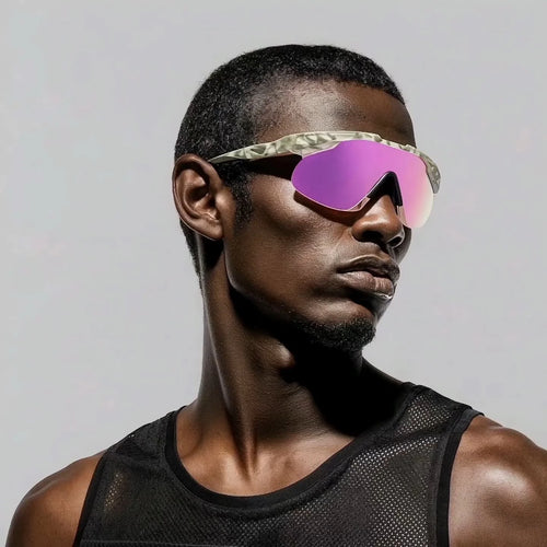 Man wearing futuristic mirrored sports sunglasses