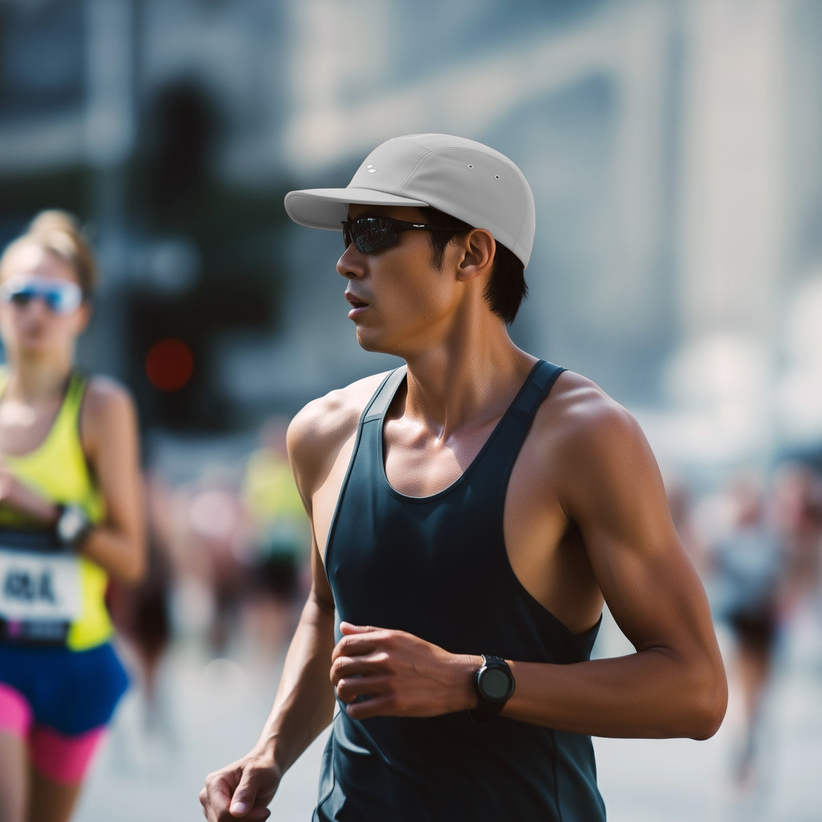 Man running in a race with a blurred background