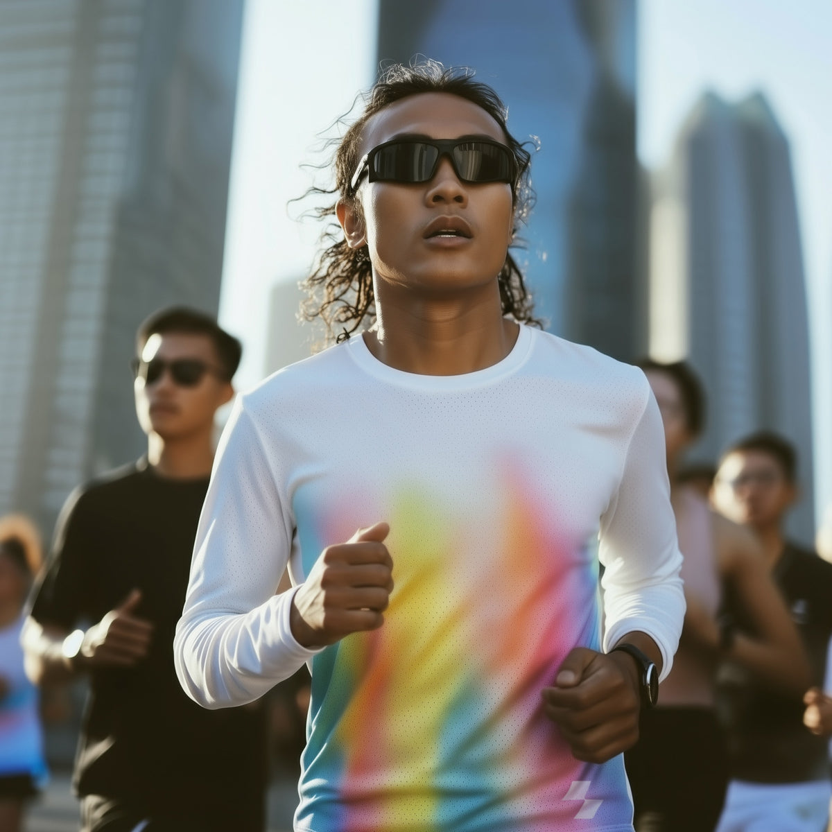 Person running with a colorful shirt in an urban setting (White)