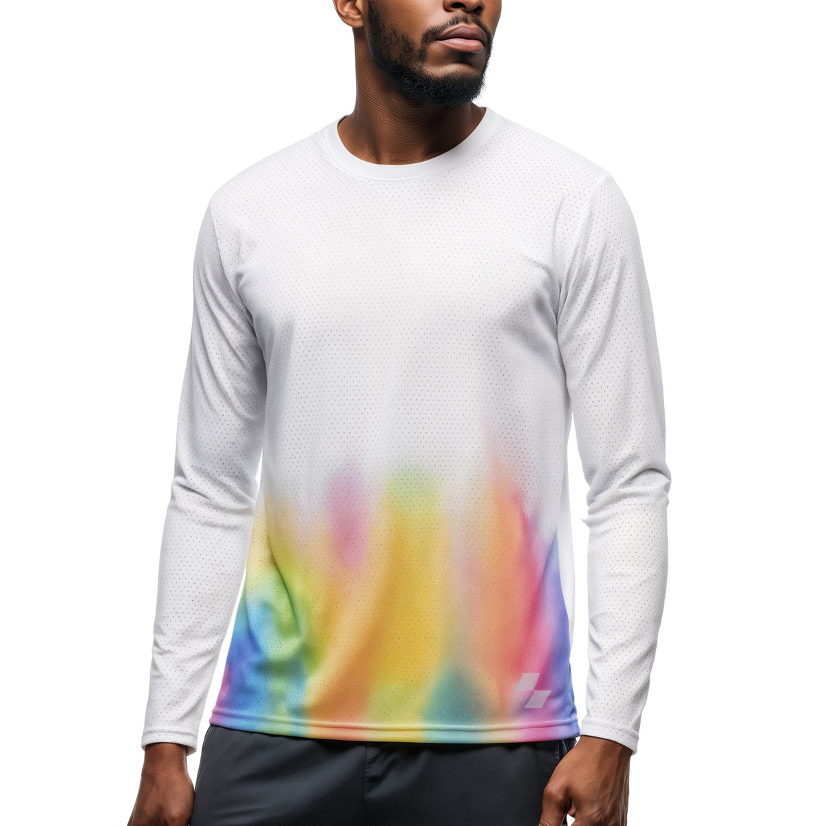 Man wearing a white long-sleeve shirt with a colorful gradient design on a white background (White)