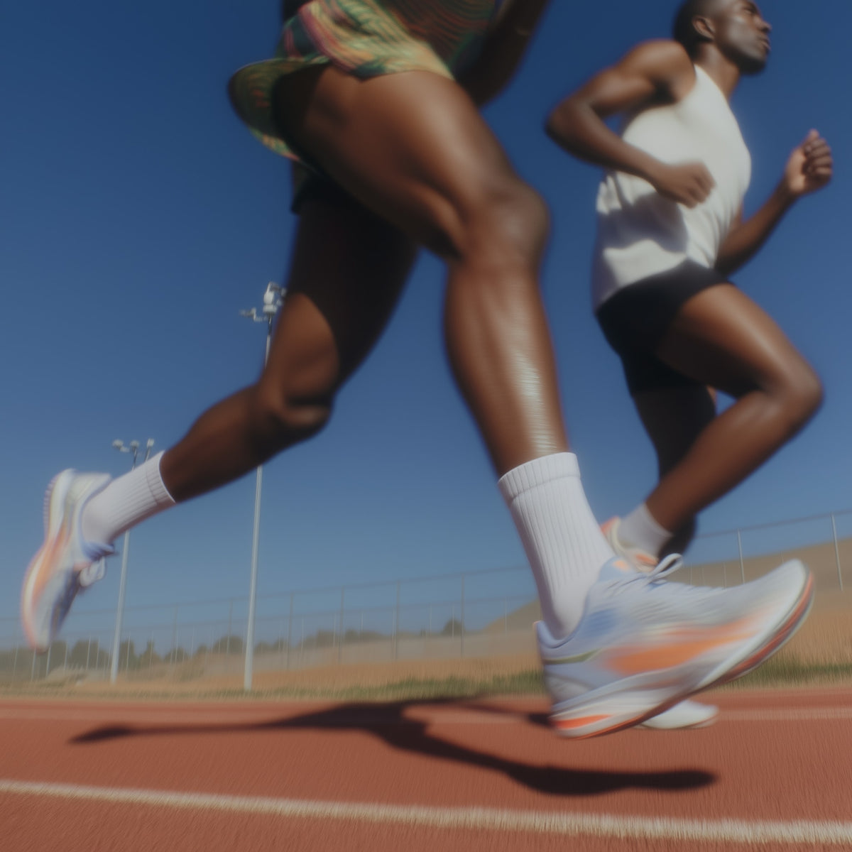 Two runners on a track with a clear blue sky in the background (White)