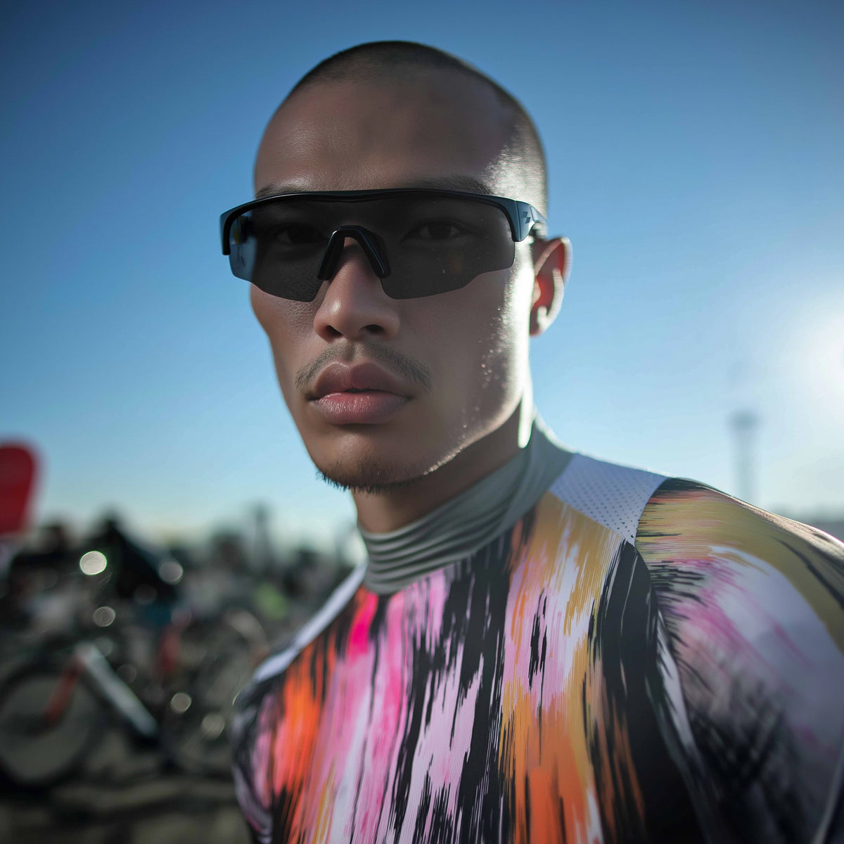 Man wearing a colorful outfit and sunglasses with bicycles in the background (Black)