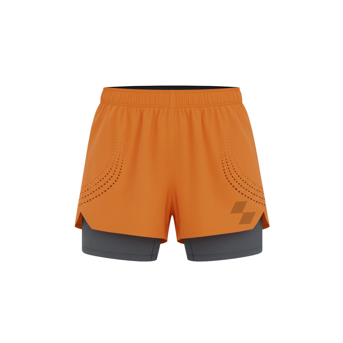 Orange athletic shorts with a gray inner layer on a white background (Orange)