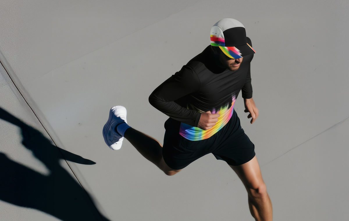 An overhead view of a runner in motion wearing a black long-sleeve top with a rainbow gradient band across the torso, black shorts, white sneakers, and a white cap with rainbow accents, casting a sharp shadow on a light pavement surface.