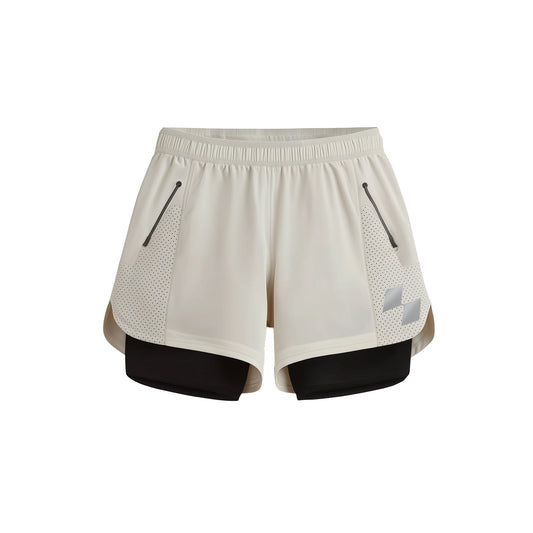 Beige athletic shorts with black accents on a white background (White)