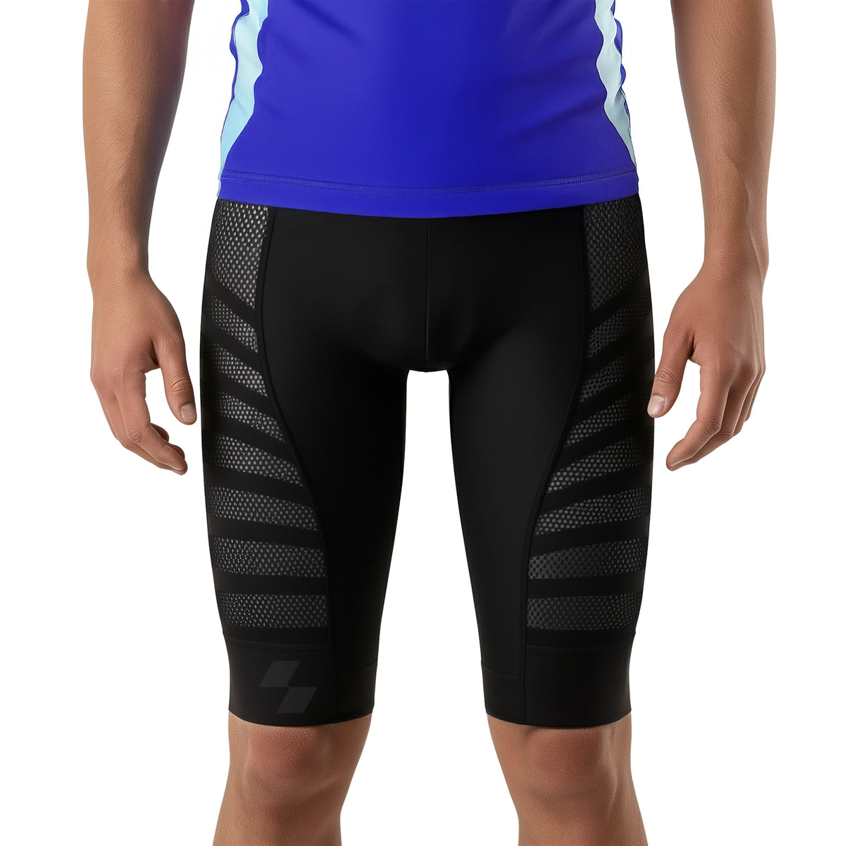 Person wearing black athletic shorts with a blue top on a white background (Black)